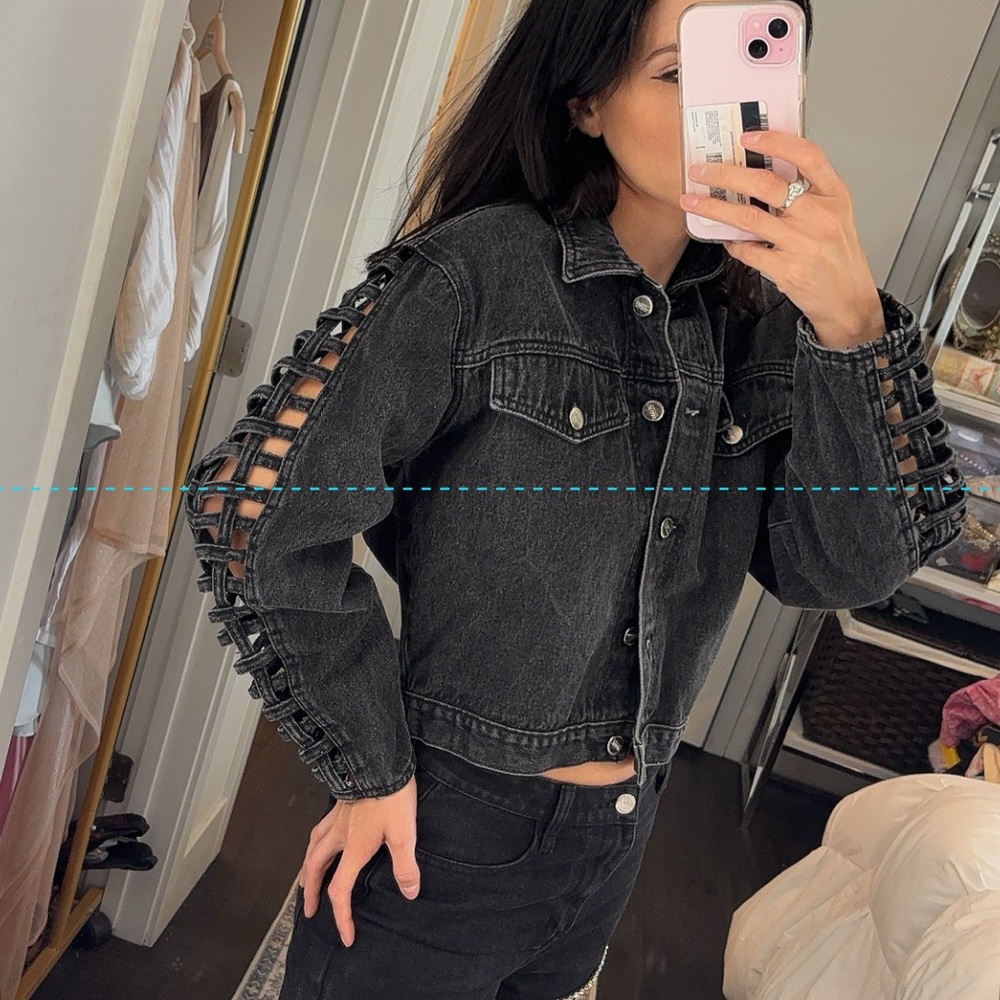 Chic Black Woven Heart Jean Jacket - Picture 5 of 6